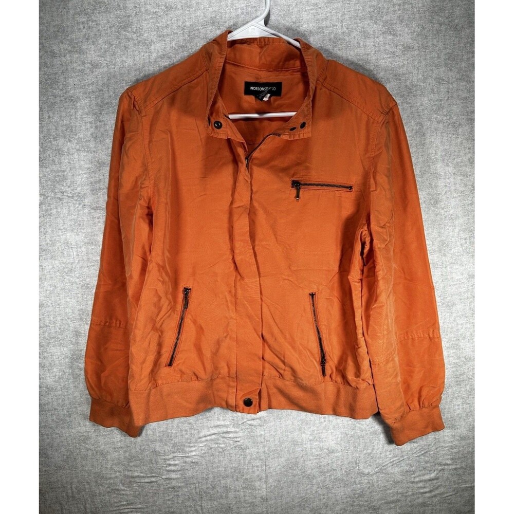 Norton Studio Orange Zip up & Snap Jacket Women Size 8 3 Zipper Pockets
